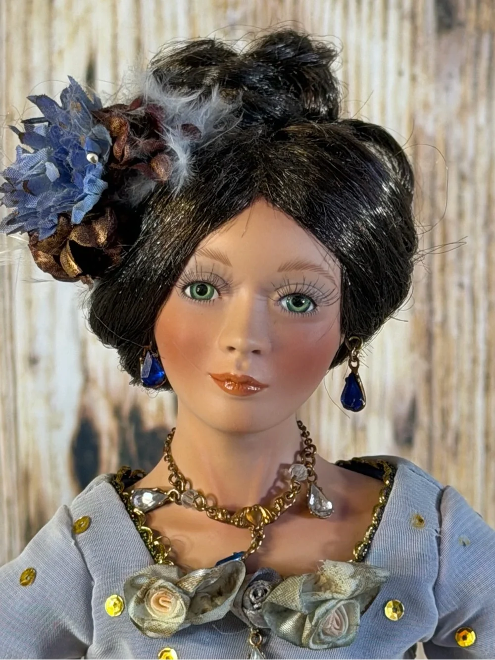 Vintage 1999 Katrina Lia Porcelain Artist Doll Victorian Blue & Gold Gown 18”